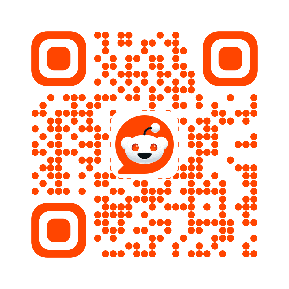 Reddit QR code with the Reddit Snoo logo in orange-red